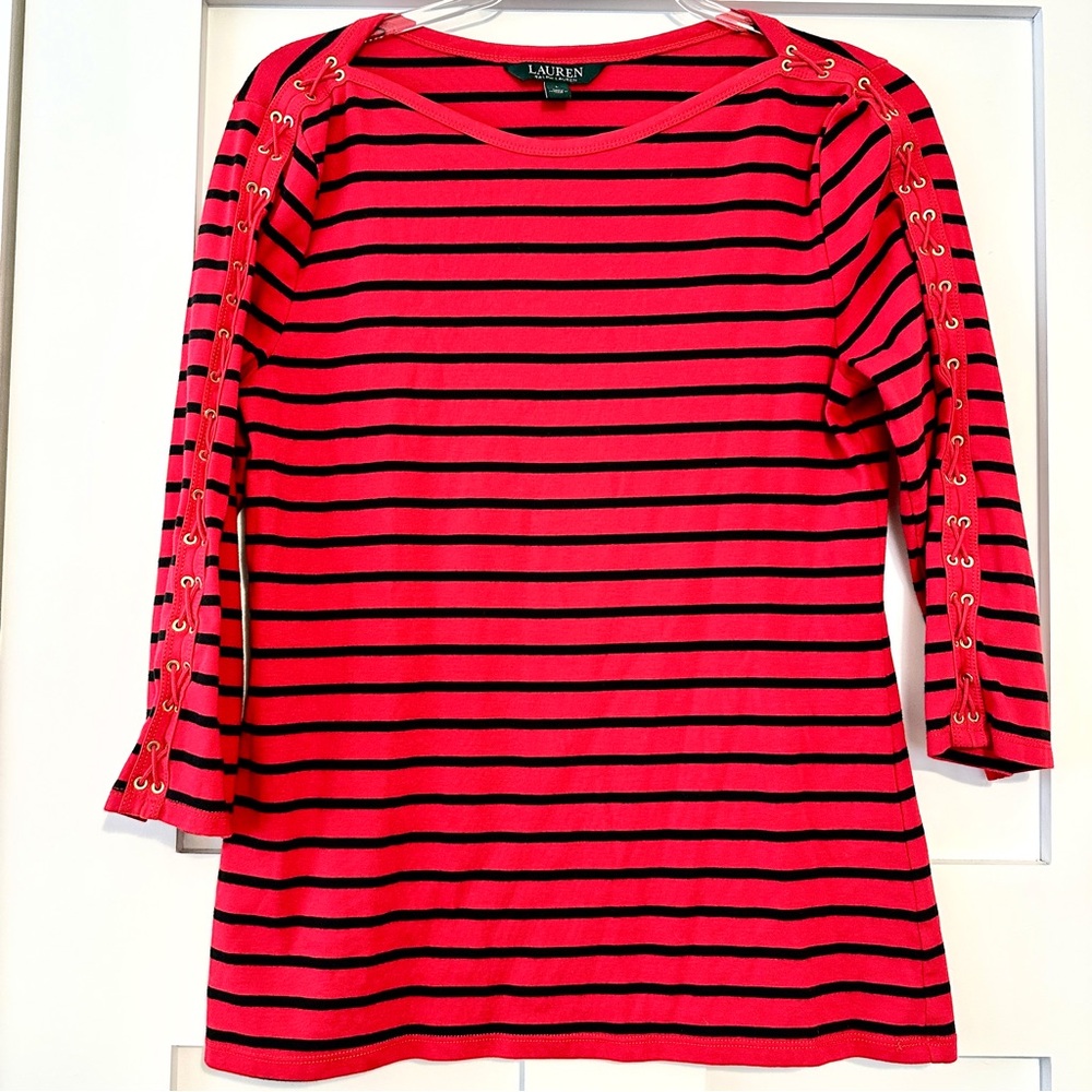 Ralph Lauren Red and Black Striped Nautical Lace-Up Sleeve Long Sleeve • Large